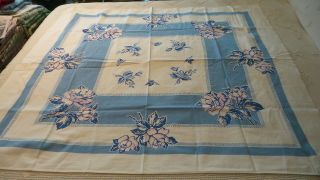 Vintage Cotton Tablecloth Pink & Blue Floral,  Blue Border 52 " X44 "