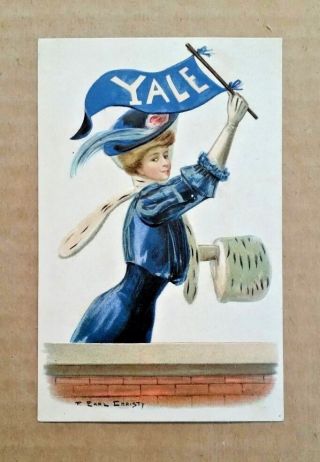 Antique 1900s Yale Football Postcard Victorian Girl W/ Pennant By F.  Earl Christy