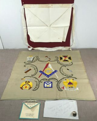 Masonic 10k Gold Ring Sz 9.  5,  Embroid.  1908 Pillow Case,  Leather Apron & Booklet