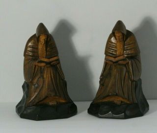 Antique Early 20thC Carved Wood Priest Monks Reading Bookends Orig.  Label 2