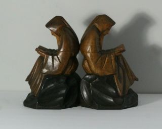 Antique Early 20thC Carved Wood Priest Monks Reading Bookends Orig.  Label 3
