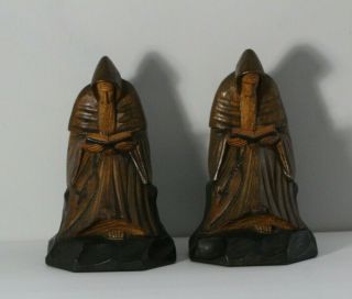 Antique Early 20thC Carved Wood Priest Monks Reading Bookends Orig.  Label 5