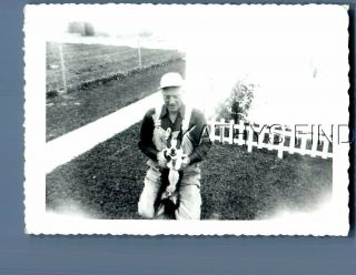 Found B&w Photo M,  4033 Old Man In Overalls And Hat Kneeling Holding Dog