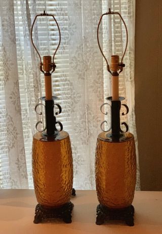 Pair Vtg Mid Century Amber Glass & Wrought Iron Lamps