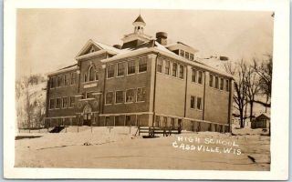 Cassville,  Wisconsin Rppc Real Photo Postcard High School Building View 1910s