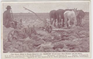 Sunshine Harvester Stump Jump Plough Australian Advertising Postcard 1909
