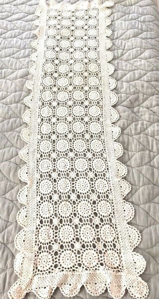 Vintage Crocheted Table Runner Scarf 54 " Ivory