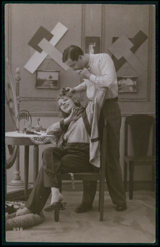 Couple Love Romance Nude Woman Art Deco Era Old 1920s Photo Postcard Aa