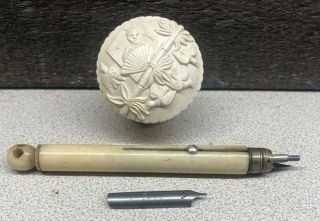 Antique C1900 Victorian Bone Combination Pencil & Dip Pen W/joseph Gillott 