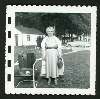 Mature Woman Glasses Purse Vintage Snapshot Photo 1950s Mid Century Lawn Chair