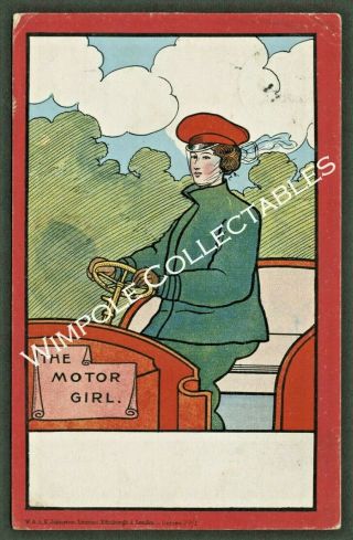 Motor Girl,  Early Motoring,  Woman Driver,  Social History,  1905.  Postcard.  (5007)