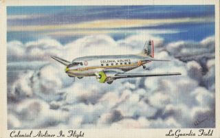 Colonial Airliner Laguardia Field Ny 1940 - 50s Signed Advertising Art Postcard