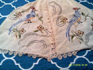 Vintage Dresser Scarf Table Runner W Bird Of Paradise - Hand Embroidery - 2 Birds