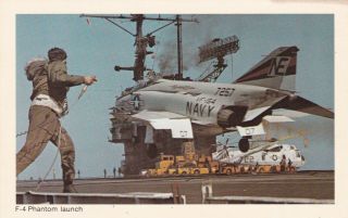 Us Navy F - 4 Phantom Fighter Jet Taking Off From Aircraft Carrier Postcard 1960 