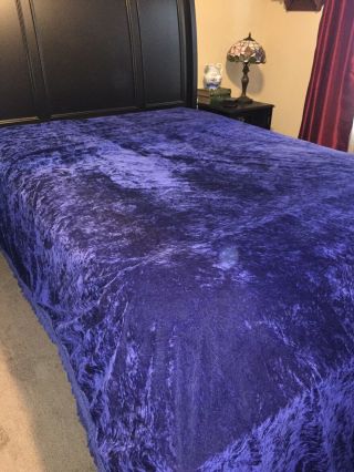 Vintage Bedspread Full Size Dark Blue Velour Crushed Velvet