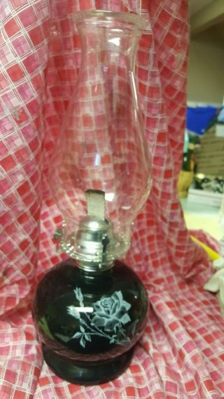 Vintage Lamplight Farms Rose Floral Painted Black Glass Oil Lamp