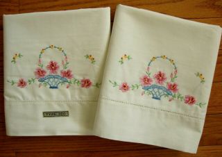 Vintage Hand Embroidered Flower Basket Pillowcases Petite Embroidery