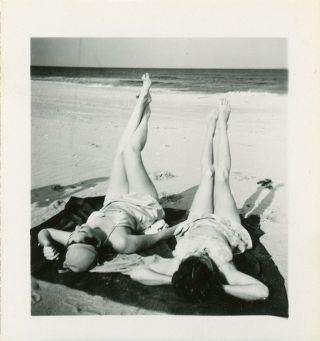 Vintage B/w Photo - Girls At The Beach In Their Swimsuits With Legs In The Air