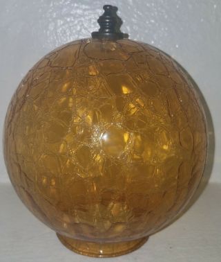 Vintage Mid Century Amber Orange Crackle Glass Globe Shade W/ Finial