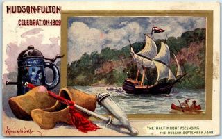 1909 Hudson - Fulton Celebration Postcard Artist - Signed Bernhardt Wall Ny Nj Expo