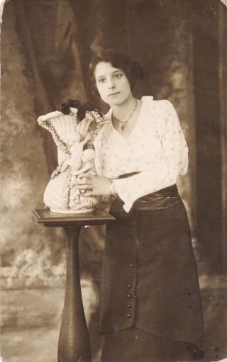 C1912 Rppc Woman & Elaborate Vase With Cupids Sepia Real Photo Postcard Phila Pa
