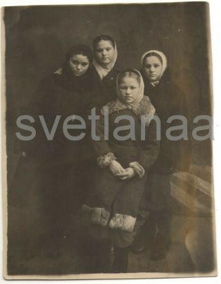 1942 Wwii Kids War Four Girls Teens Worker Military Factory Soviet Vintage Photo