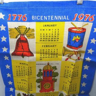 Vintage 1976 Bicentennial Calendar Tea Kitchen Towel Colonial Rod Pocket 16x28