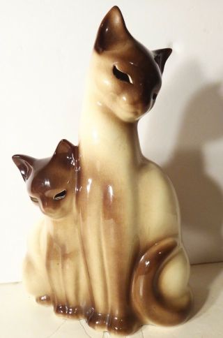Vintage 50s Kron Ceramic Siamese Cat & Kitten Glowing Eyes Tv Lamp 13.  5 " Tall