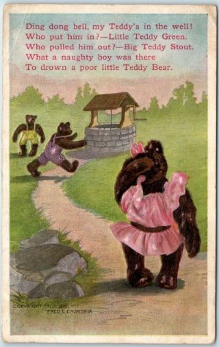 Vintage Artist - Signed Bear Postcard Fred Cavally Teddy Bear In Well 1910 Cancel