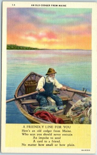Vintage Maine Greetings Postcard " An Old Codger From Maine " Fisherman Linen