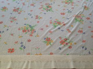 Vintage Martex Twin Flat Sheet Floral Dot Bouquet With Lace Trim Shabby Chic