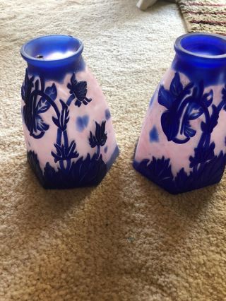 2 Tiffany Style Art Glass Lamp Shade Pair Frosted Pink Blue Floral