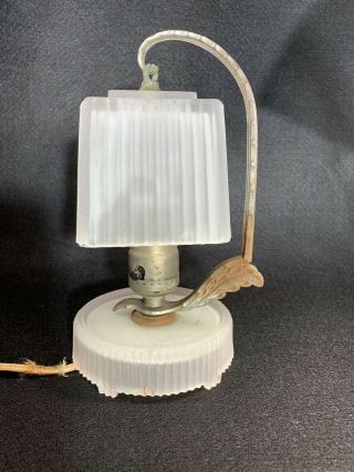 Art Deco Boudoir Table Lamp Frosted Glass Base W/ Glass Hanging Shade 8.  5 " Tall