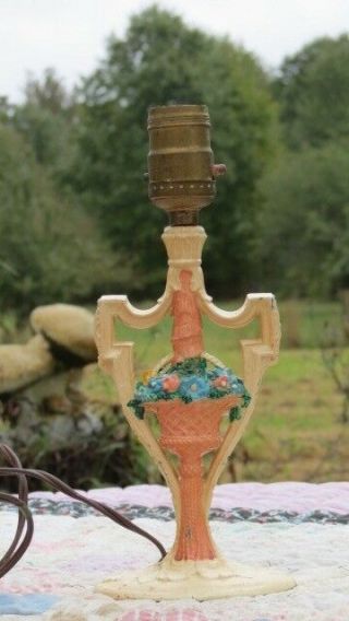 Antique Early Century Painted Metal Table Boudoir Lamp Flowers Greek Urn Shape