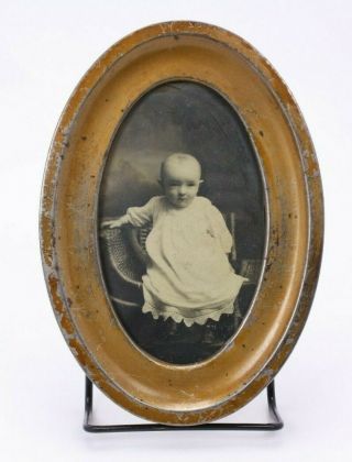 Antique Vtg Oval Metal Frame Photograph Portrait Infant Baby Toddler Wall Hang