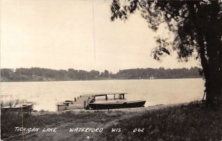 Tichigan Lake Boat Dock Waterford Wisconsin Rppc Real Photo 1950c Postcard