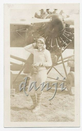 Sexy Flapper Girl Vamp Posed By Antique Airplane Engine Old Aircraft Photo