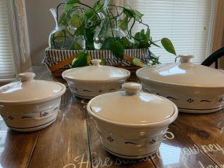 Longaberger Woven Traditions Pottery Casserole Dishes Ivory / Blue (set Of 4)