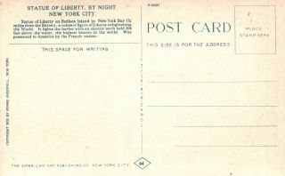 York City,  NY,  Statue of Liberty by Night,  Vintage Postcard g1301 2
