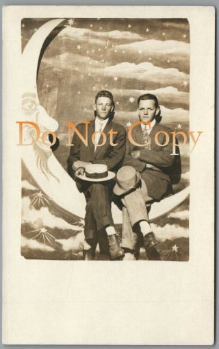 Two Men Posing On Paper Moon Prop - 1910 
