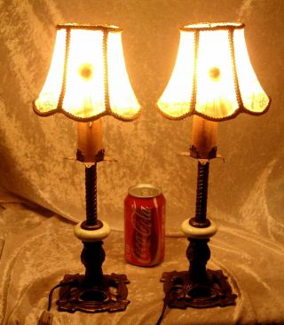 2 Bedroom Boudoir Cast Iron Lamps W/ Jadeite Inserts & Gorgeous Victorian Shades