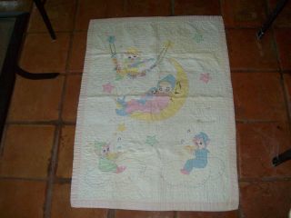 Vintage Handmade Baby Child Quilt Blanket Hand Embroidery Childer On Moon Stars