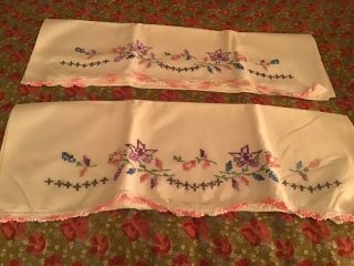 Vintage Pair Pillowcases Embroidered Pink Purple Flowers Crochet Edge