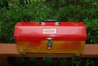 Vintage Hip/ Tombstone Roof Metal Toolbox W Lift - Out Tray