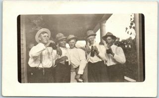 Vintage Rppc Real Photo Postcard 5 Men Drinking Beer On House Front Porch C1910s