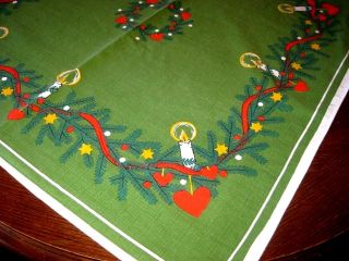 Vintage Cotton Christmas Tablecloth 36 " X 33 " Scandinavian Candles Evergreen