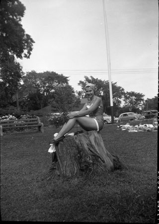 Pretty Lady On Tree Stump Showing Sexy Legs Vtg 1940 