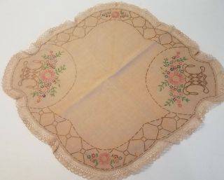 Vtg Embroidered Doily Hand Stitched Brown Round Pink Flowers Crocheted Edge 451