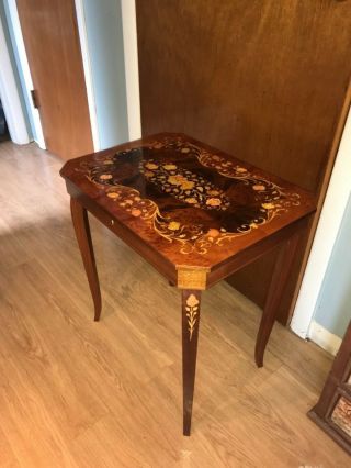 Vintage Italian Inlaid Marquetry Wood Musical Jewelry Box Table