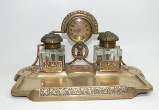 Antique Brass Double Ink Well Tray Pen Holder With Clock Desk Set